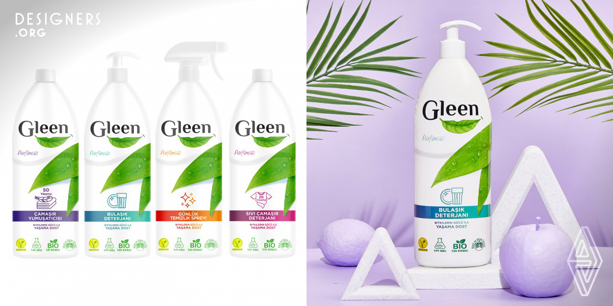 The design aims to offer solutions on essential topics, including environmental footprint. The brand's name is formed by combining green and clean. The combination of leaf and lip figures in the logo on the package represents nature's smile. The white background and soft colors illustrate the product extracts. The packaging is obtained from renewable resources to prevent plastic waste. In addition, 75 percent of the bottles are made from recycled materials, and they are 100 percent recyclable.