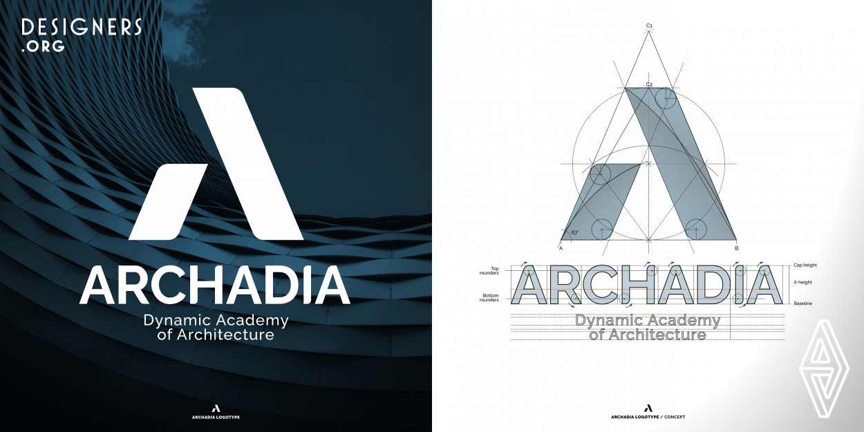 The Archadia logo is designed to inspire stability and dynamism according to the mission of the brand. The letter A, here understood as the initial letter of the brand name, was designed starting from the elementary geometry of a triangle, the static form par excellence in architecture, but also recalls the main concepts of academy, architecture and also "abitare" (living in Italian). The chosen blue color finally defines the institutional and academic role of the brand, but also the colors and reflections of the Venice lagoon water, where Archadia Academy has established its headquarters.