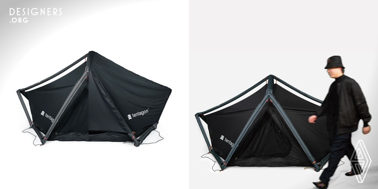 Tentgaon is an inflatable tent with an triaxial structure. The appearance is based on a pentagonal belt watch, which is connected to the inner tent through the left and right inclined angles, and uses gravity to achieve a balance between the inner tent and the air column. Tentagon create a classic shape with simple geometry, and at the same time appeal to life with different angles and faces. It hope users can bravely step out of the comfort zone and interpret the attitude of life!