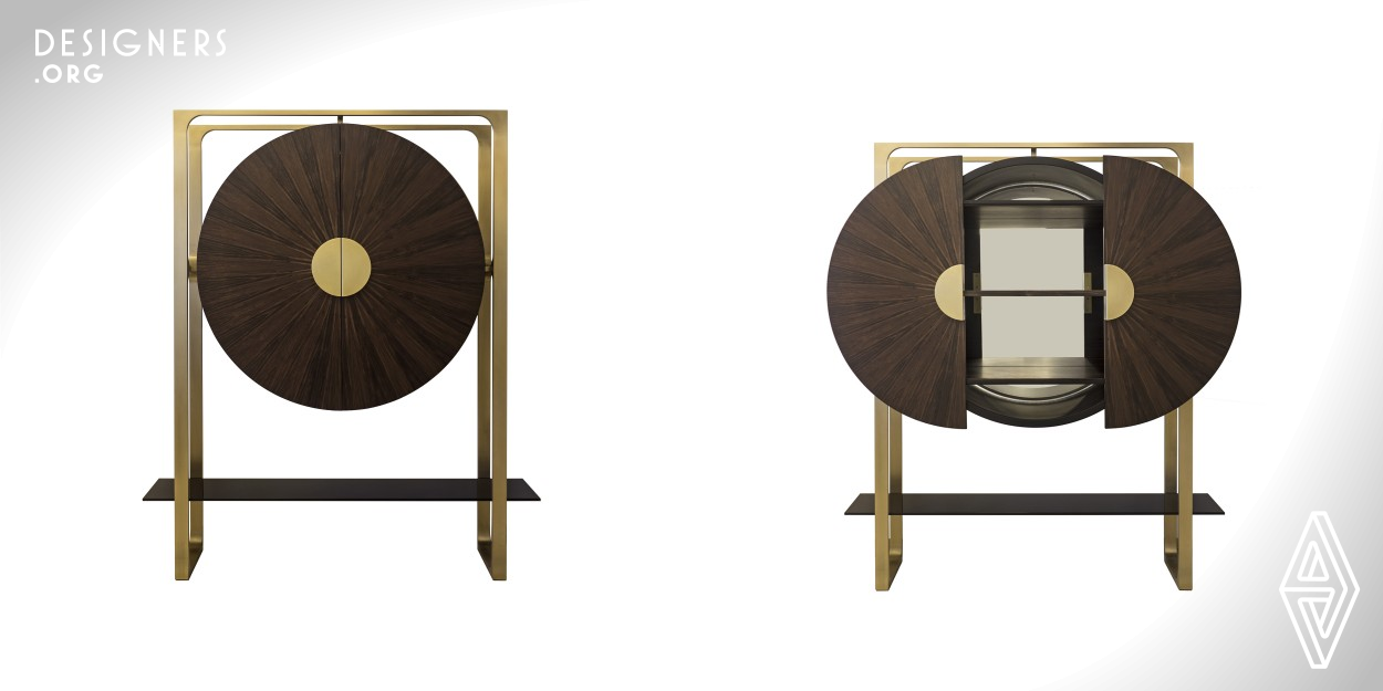 The Gong bar cabinet has two sliding doors made of handmade palisander wood marquetry revealing three wooden shelves, dimmable lighting fixed behind mirrored back panel. The round cabinet box is painted black inside and outside. One tempered black glass shelf at the bottom of the cabinet, serves as a structural element enhancing the stability of the cabinet and creates additional storage space. The structure of the cabinet is made of fully loaded brass profiles. The cabinet offers spacious storage space for the battles and glasses. The light turns on automatically when the doors open. 