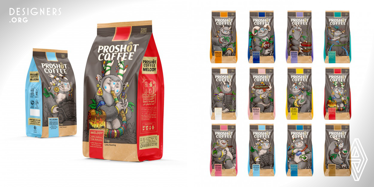 The project shows the process of coffee production from planting to presenting the product. The creation of these imaginary giants and their nomadic tools is to support the environment and consumer awareness of the difficult stages of coffee production, as well as to support people who work hard to make this product and are not seen. These revolutionary coffee characters refer to the child-inside of humans and their imaginary world. The illustration is done with the watercolor technique. Using shiny parts in the print technique will allow the packages to be more seen.