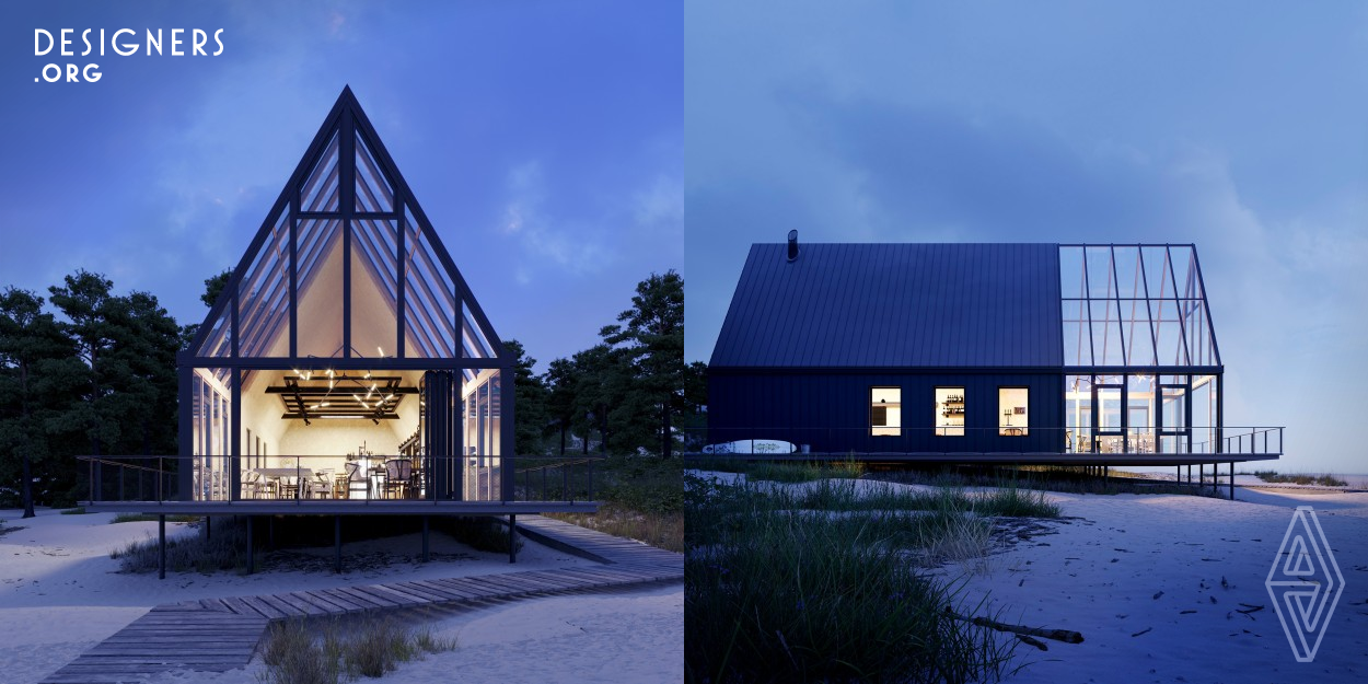 This small diner on a Baltic Sea beach near Gdansk with its simple form fits naturally into the beach environment. The building offers two areas: an opaque part with windows and a fully glazed winter garden. The transparent glass house not only offers an unrestricted view of the sea and the beach but also uses solar energy in a passive way to improve indoor comfort in a relatively cool climate in northern Poland. The Solarlux system construction of the winter garden with its slim wood-aluminum profiles enables a filigree effect.