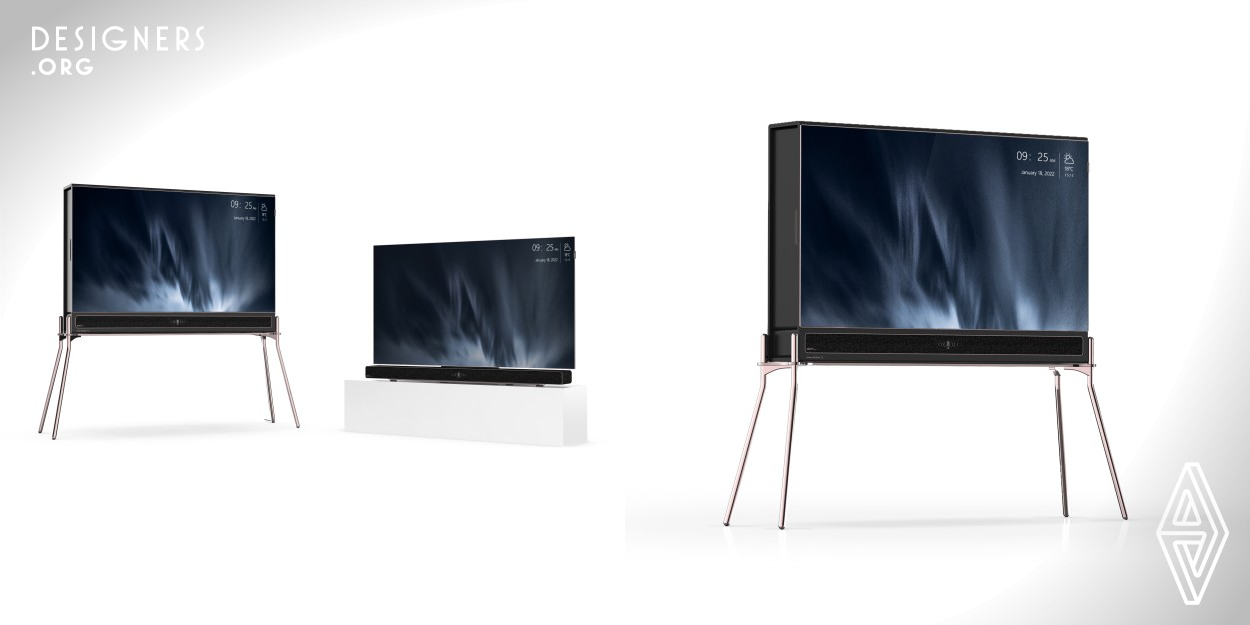 This TV strengthens the function of the TV stand by combining the TV cabinet with the TV, thereby expanding the space utilization rate behind the TV. The smart TV can be used as the control center of the smart home system by voice command. The vertical drawer structure can maximize the use of the space behind the TV for storage without using motorized mechanisms or complex structures, the internal racks also can be pulled out as a background wall to display small ornaments. It can be changed the use form by exchanging the bracket or base accessories to match Various of home styles. 