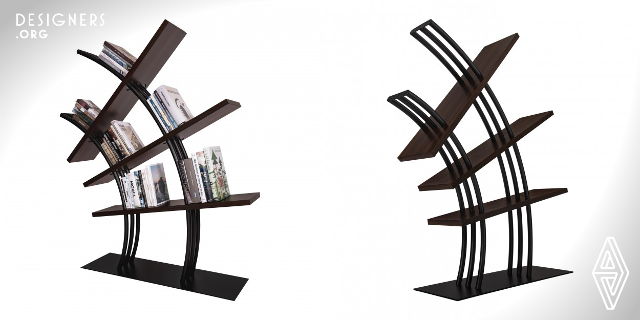 This piece of furniture is unique due to its dynamic shape and innovative way of functionality. Three shelves are arranged in different angles on a steel structure giving the object its distinctive appearance and lightness. Thereby, with this kind of shape bookends are no longer needed, nevertheless books are being prevented from tipping over. Fine craftsmanship and details such as the supporting shims underneath the tilted shelves complete the design. Astrapia not only functions as a bookshelf, but acts as room divider and a sculptural piece as well.