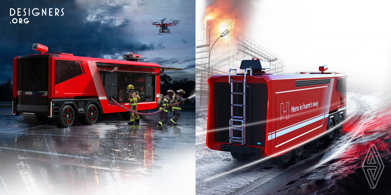 Hero explores the application of IOE in the fire protection industry, optimizes the functions of existing fire trucks. In order to integrate the interactive screen, firefighters can generate preset data such as foam ratio and water displacement for direct use on site. At the same time, multiple drones are added to assist fire extinguishing with fire extinguishing bombs and other devices. The principle of infrared thermal imaging is used to detect the fire situation, and the feedback is sent back to the screen. It can bring a new dawn to the fire protection industry.