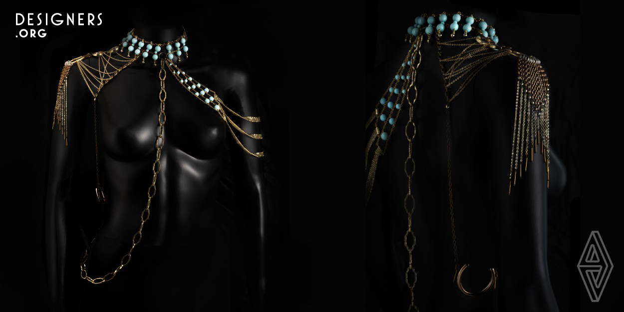 Aphrodite is a necklace that can be worn in three different ways, three very different looks. The aim was to create a piece that covered the whole upper torso. A necklace that could stretch out over the shoulders, in a comfortable, wearable, interesting and attractive way. A necklace that could stretch out over the shoulders, in a comfortable, wearable, interesting and attractive way. Aphrodite is the Goddess of Love and Beauty.
