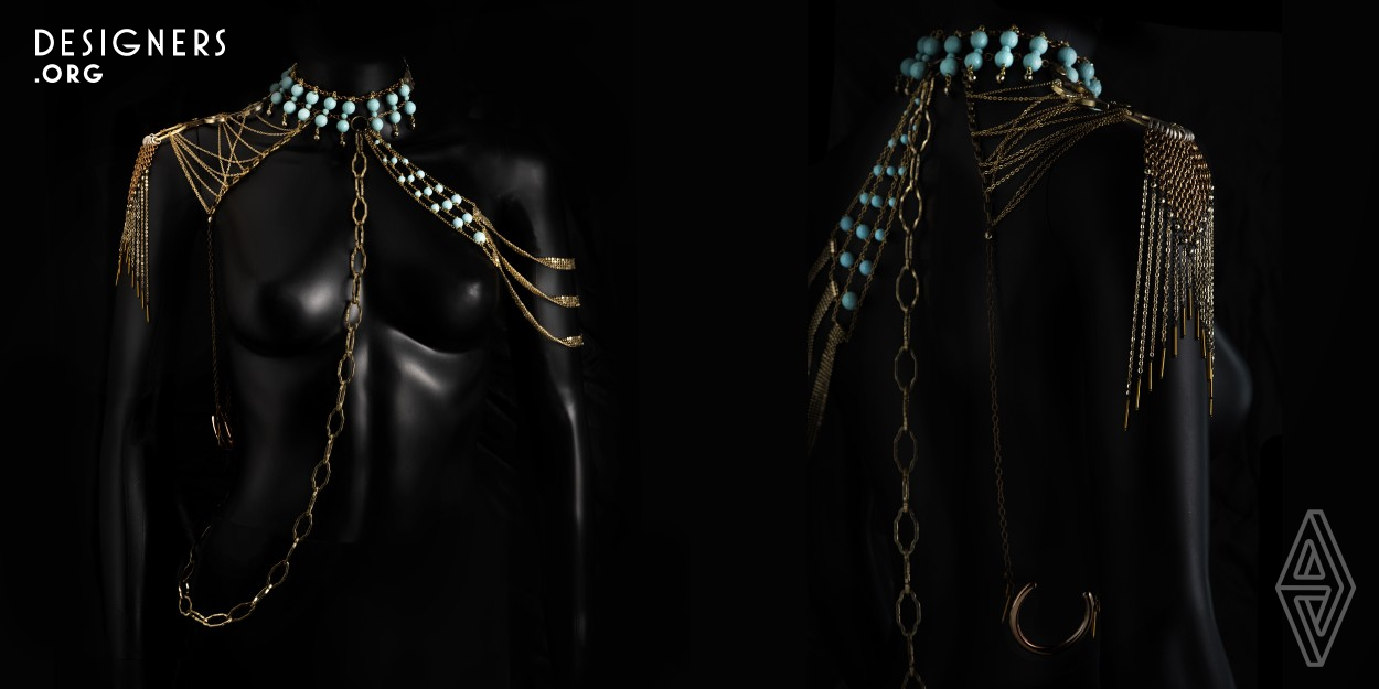 Aphrodite is a necklace that can be worn in three different ways, three very different looks. The aim was to create a piece that covered the whole upper torso. A necklace that could stretch out over the shoulders, in a comfortable, wearable, interesting and attractive way. A necklace that could stretch out over the shoulders, in a comfortable, wearable, interesting and attractive way. Aphrodite is the Goddess of Love and Beauty.
