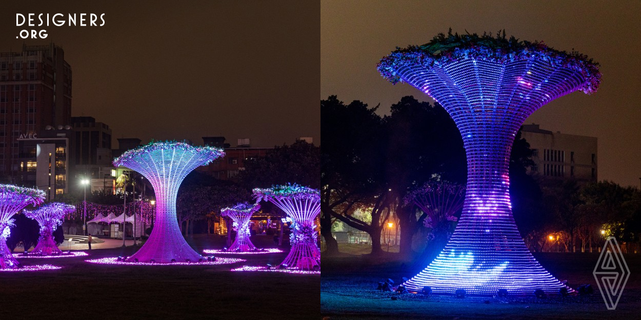 The project adopts computer sequence and light sensing control. The efficiency LED floodlights are introduced into the show and demonstration of program, which unfold its rhythm is as displayed based of the melody as well as the tempo changes created and composed by the music producer. For every 30 minutes, there will be a performance. During the interval between performances, the overall light and color hue will gradually change with the passage of time. In addition, the fully open field will provide audience with the closest distance to the artwork for appreciation.