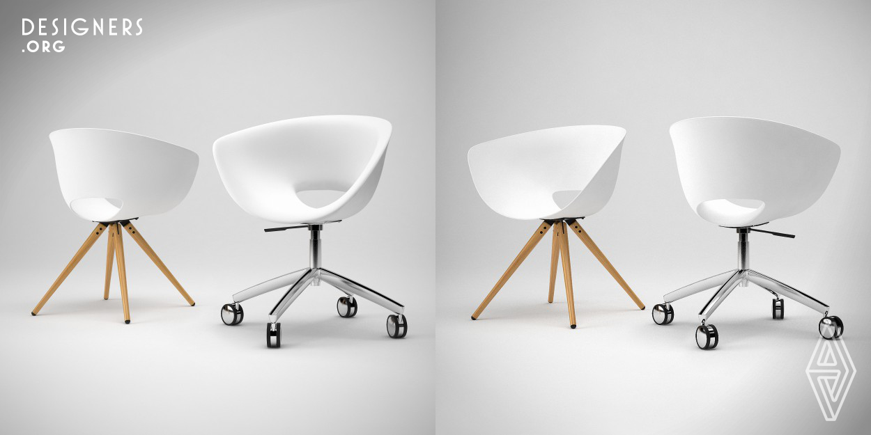 Bio is a chair collection inspired by universal principals of nature. Stylized organic shapes transform into a characteristic form inspired by the flower of the Calla aethiopica plant on the outer edge of the backrest. Subtle changes in curvature orientation and distortion of the two main outlines, along with asymmetric silhouette of the seat, bring uncompromised ergonomics free of all unnecessary visual details. The organic lines of the seats are emphasized in contrast with the different materials of the legs depending on the purpose of the chair.