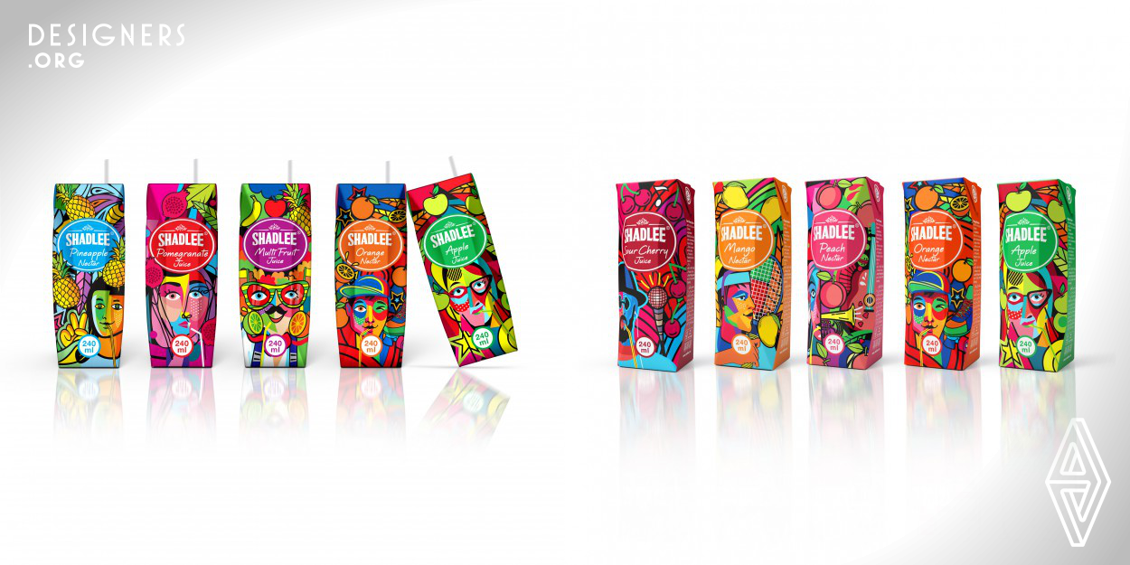 Shadlee Juices are made in 8 fruit flavors. For example pineapple, mango, sour cherry and etc,. In a simple and small research, the design team found that what are the subjects which people, specially youths like more. So the project was started. The packages are designed with colorful and flat illustration. In each package there are some objects with many details, for instant there is a fantasy face with some nature element, like leaves and fruits or a musical instrument, sport or fashion stuff and etc,. The color of each package is related to the color of it's fruit or flavor. 