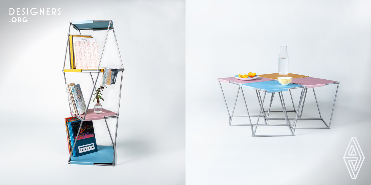 This multifunctional furniture system was developed to provide a wide range of flexibility on small space. Due to the special shape, the modules can be used as different furnishing elements. Stacked onto each other, they build a shelf that winds up like a helix. Also, the elements can be used as a low table which invites to gather around while sitting on the floor. Each single cube may serve as a simple sitting accommodation and if there is the need to store the Heli X system they can be piled with minimum space requirements.
