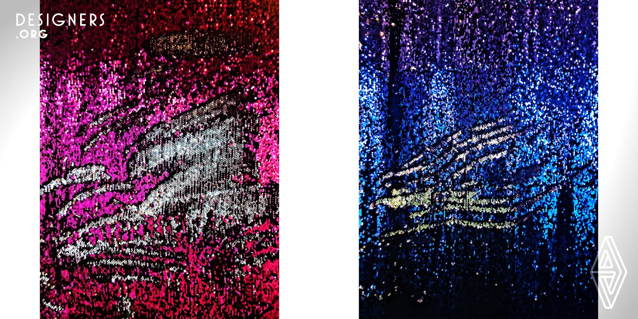 In this series Glitters, Lau King aims to experiment the irreversible and fascinating nature of sequin fabric and also explore the boundary and diversity of material and texture in the perspective from macro to micro by infusing her personal emotional influence on the ordinary functional object. With the additional human influence on it, the sequin fabric itself becomes a medium for abstract painting. The series is done with an experiment approach with uncertainty factors like fabric, color, lighting and intuition which create mysterious atmosphere by glitters and sparks.