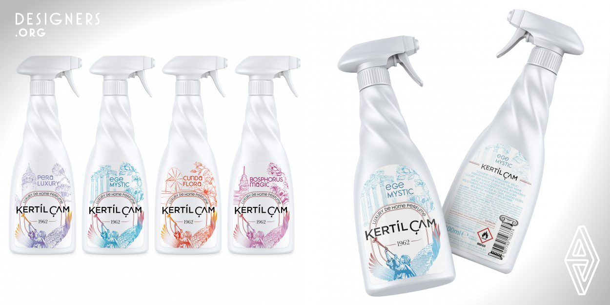This design is for a brand established decades ago and has a nostalgic impression in the eyes of the customers. The packaging involves a mythological visual world with color transitions around the angel symbol. The floral structure in the bottle design refers to the brand's scents. The waves going from the bottom up in a spiral form give the effect of scent splashes and create the feeling of fragrances overflowing out of the bottle. The design aims to create a new, modern look for a historical brand. 