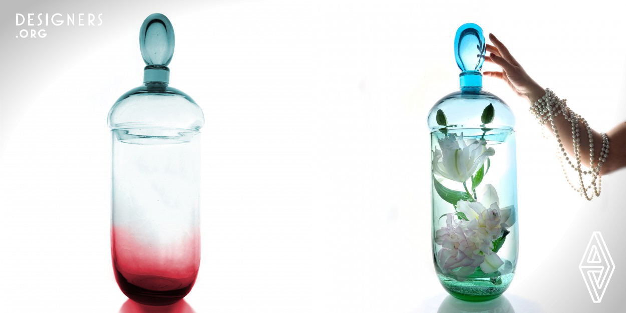 Orinnoro jar is hand shaped from recycled waste glass. The studio made object combines sustainable thinking as well as Scandinavian design philosophy. Preserving is the main function of the object, which each has a unique color hue that is created by a new interpretations of a classic Incalmo glass technique. The rhythm of the glass making process ensures that each object has a unique play of color.
