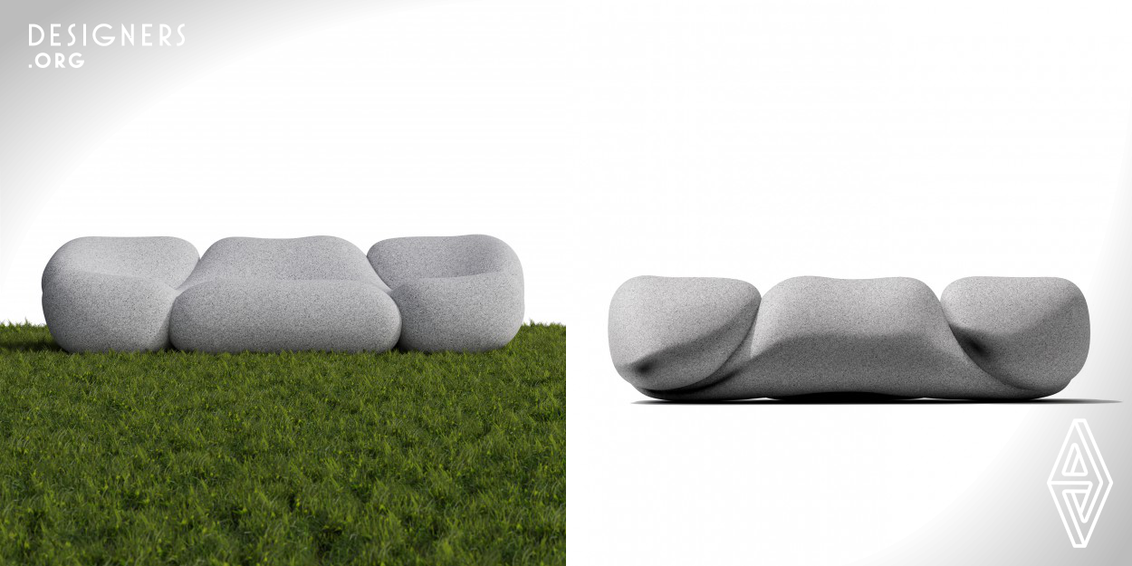 Inspired by the tactility of pebbles, Pebble is an outdoor sofa made from white-grey cork. It consists of various pebble-like cushions that perfectly fit together. The design translates the tactility of pebbles, the urge to feel and touch, into a pebble-like composition that everyone can experience at any time of the year. The sofa can be left outdoors permanently and is resilient against natural weathering. The use of cork is a premier in outdoor furniture. It allows a new design language to emerge, is lightweight, and shows the potential of using cork beyond indoor use.