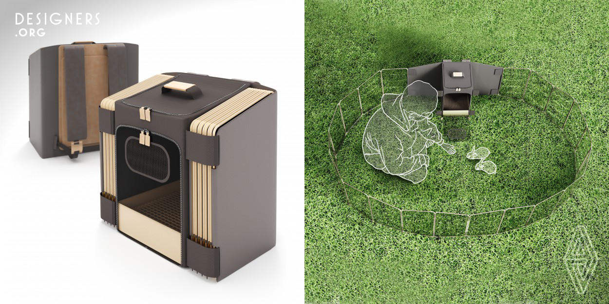Fenced Traveler is a design concept redefining the pet outing bag, increasing the interaction, and changing the experience of people and small pets in outdoor entertainment. When you need to take your pets outdoors for entertainment, just put your pets into Fenced Traveler. After you reach the lawn, put down the bag and form a closed outdoor space through the built-in structure, and then release the pets for entertainment interaction. While feeling the natural environment, Fenced Traveler can liberate pet owners, protect the safety of pets, and allow each other to play more freely.