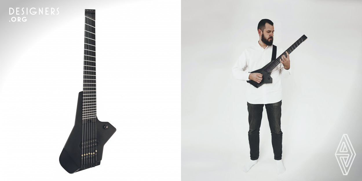 The design is based on the very essence of music (from the designer's perspective): the emotional freedom, the never ending flow, the energy of a stream one can feel looking at a yacht piercing the waves or a jet crossing the skies. It's dynamic shapes meet minimalistic approach: one pickup, one volume knob, black colored hardware and body, black ebony fretboard, making it's futuristic stealth-like appearance more expressive and elegant. Well balanced, providing easy access to the top frets, this extended range guitar offers great playing experience in many different styles.