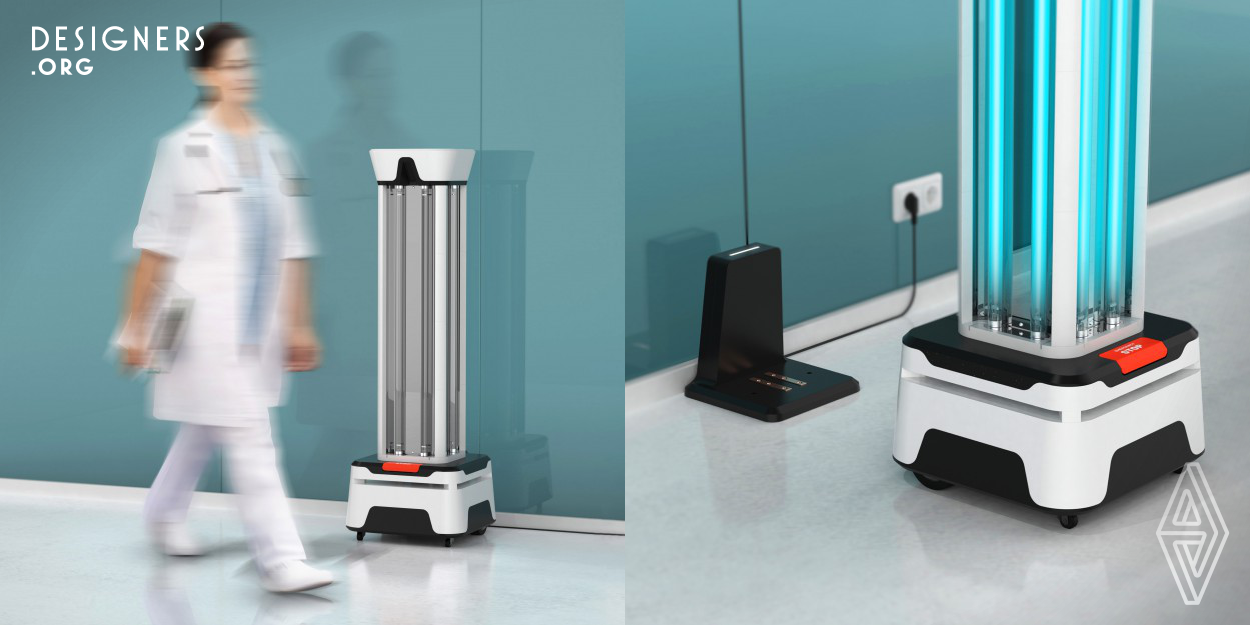 Desibot is an autonomous indoor robot designed to disinfect various public spaces to prevent viruses and bacteria spread (including Sars-Cov2). This modern solution is built with an intelligent ultraviolet light disinfection function. The whole system is engineered to provide a sterile environment in hospitals and clinics without using chemicals or putting workers and clients at unnecessary risk. Desibot cases can be produced with 3D printing technology, which allows products to be manufactured locally in small amounts according to the need, to be personalized, and reduce the retail price.