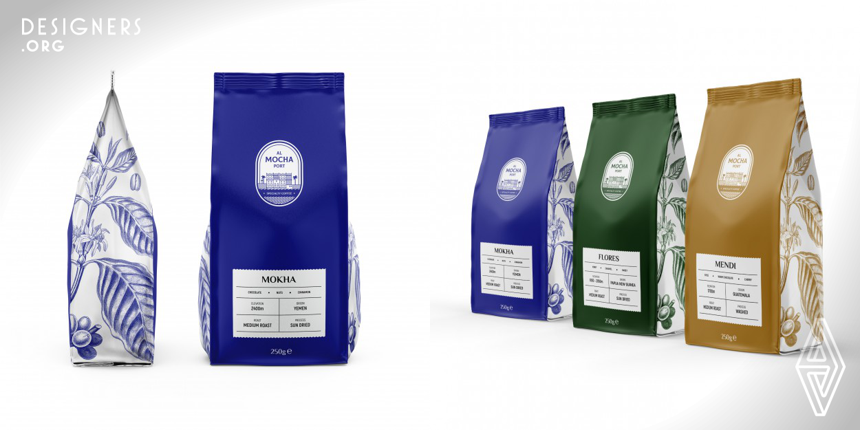 A series of packaging designs for Al Mocha Port, Saudi Arabia. Design is inspired by history, culture, and provenance to create an identity that reinforced authenticity and expertise. The packaging is clean, understandable, distinguished, and not overloaded with information, bridging the past and the present. Navy Blue, Forest Green, and Gold colors aim to attract customer attention. The coffee illustration on the sides emphasizes the attentive attitude of the manufacturer to the product selection. A flexible labeling system allows the brand to adapt the offering easily, throughout the year.