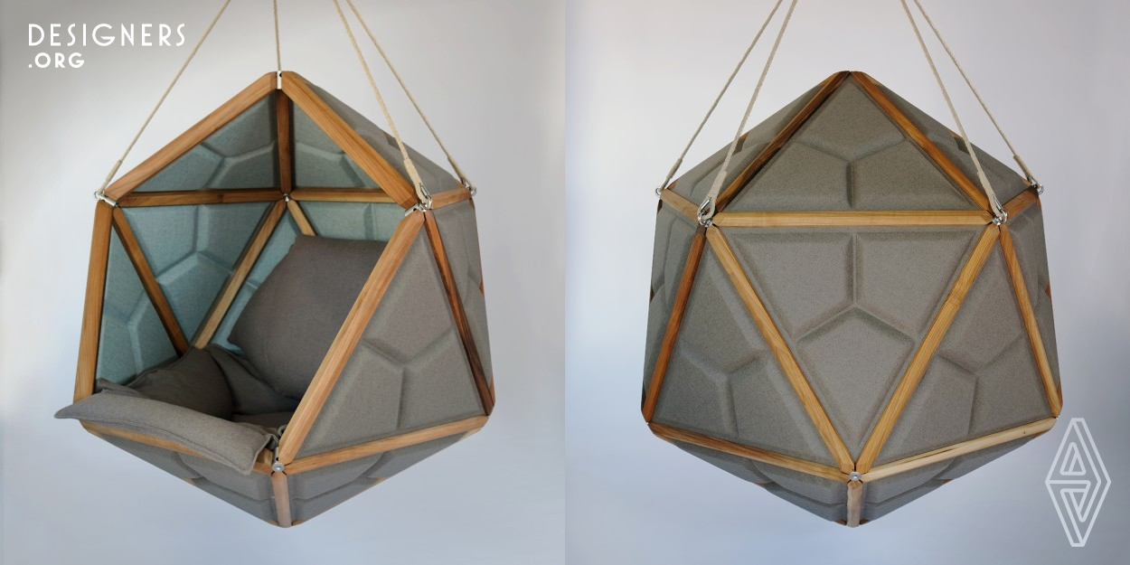 A levitating sphere, a focus capsule, a refuge for the senses. Not just a hanging chair, but a functional design object. A retreat in the middle of an open office. The form was chosen in such a way that the object can integrate well into the most diverse environments. After analysing the basic geometric bodies, the icosahedron was quickly found as one of the five Platonic solids (regular polygons). Hence the name: iko. The iko can be used as a retreat to read, focus on something, make a phone call, work, take a power nap or simply chill.