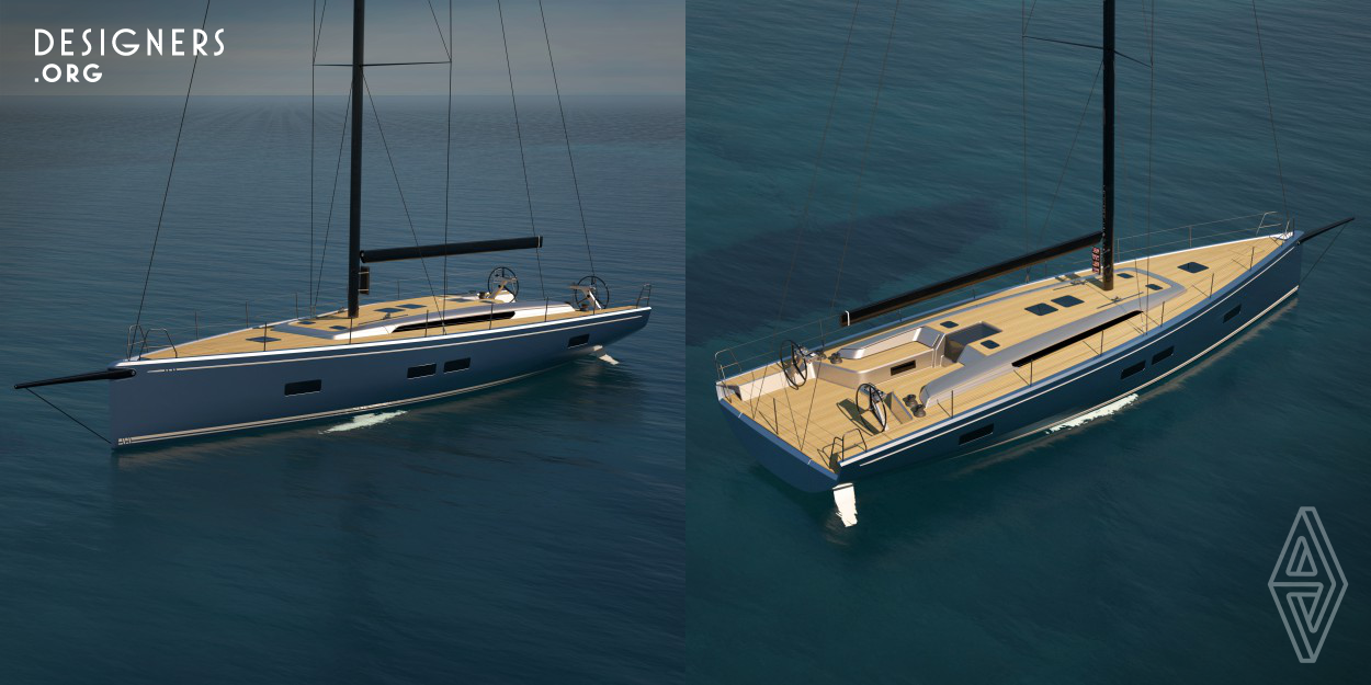 Developed for an Italian boat yard, with big emphasis to create a light, safe and fast sailing yacht, easy to handle also by a small crew. On the other hand easy to build in a series production setup. A light weight yacht, built in Full Carbon with different interior layouts, in order to suit the various needs of different clients. The deck layout features a cockpit separated into a sailing, working area and the relaxing area around the cockpit table. Powerful hull shapes were chosen to generate more stability, and therefore allows for a safer and more comfortable sailing also in rough seas.