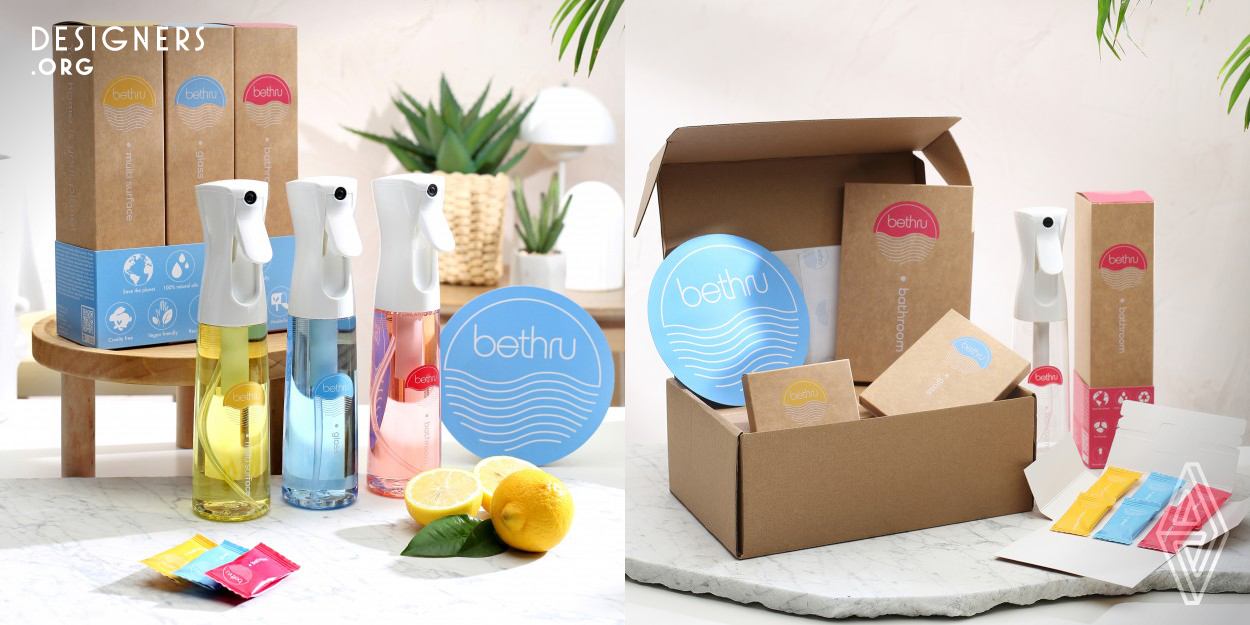 Bethru is a start-up household brand, which offers an innovative alternative ecological cleaning essentials in a form of solid tablets and reusable premium spray bottle. The tablets are made of 93 percent of natural ingredients, ecofriendly, vegan, cruelty free. A unique spray bottle is designed to be purchased once and re-used multiple times by consumer. Each tablet dissolved in a tap water gives 300ml of cleaning product. All is packed in ecofriendly beautiful packaging inspired by nature.