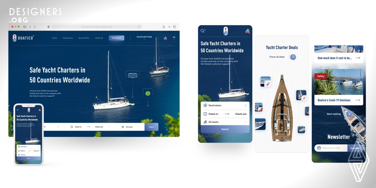 Boatico is a modern yacht charter platform for sailors who search for safe and uncomplicated boat booking. Their mission is to help find the best solution for vacation. Project task was to create an unusual design for this niche, and convey emotions. Therefore, it was decided to use deep blue shades that are associated with the sea. The rounded corners of the elements are like rounded waves. Typography also reflects the essence of the project, condensed geometric font adds branding. All graphics are made in one style and one color palette, which creates the integrity of the project.