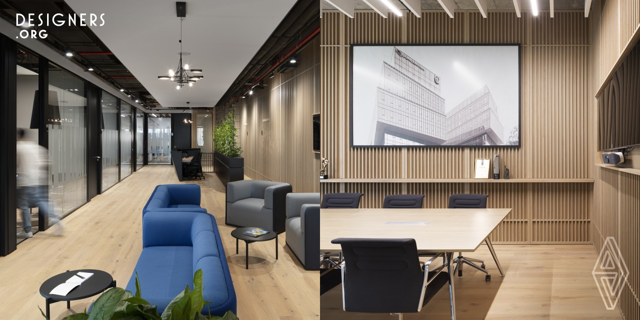 GTC is a construction company involved with large scale office and retail buildings in Europe. Their office in Sofia, Bulgaria, consists of separate personal offices for the different departments of the company surrounding a joined collaboration area that extends from the entrance and reception area of the space. The office space is a warmth welcoming environment with an industrial touch.