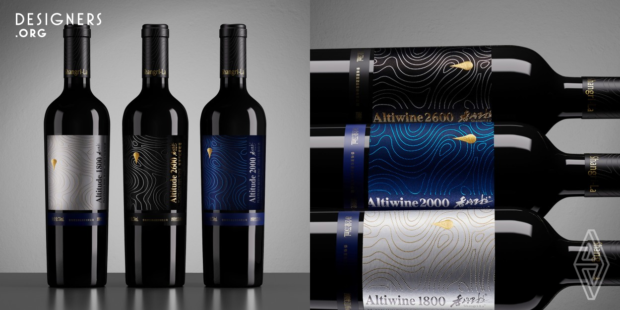 Altitude Map is applied as a unique creative idea, in which every single curved line stands for the terrain of the production area and the flowing posture of the wine body. The quality and grade of products is indicated by the coordinates and figures of the altitude, which could further inspire the consumers to study and discover the secrets of treasures of the wine and directly present the theme of products accordingly.