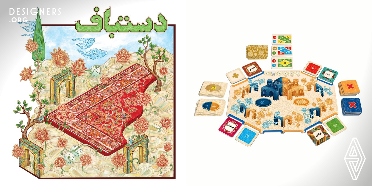 The Persian carpet is the most significant aspect of Persian culture. The initial design idea for a board game on a carpet weaving theme originated from the visual principles of Persian miniatures. Illustrations follow the symbolism and abstraction in Persian carpet design as they allow players to interact with each other and brake into the game story. Player boards are specific cities in Iran that are the most recognized for their handmade carpets. Color diversity and dancing motifs surrounding a part of a carpet are considered in the package illustration to empower the visual identity.