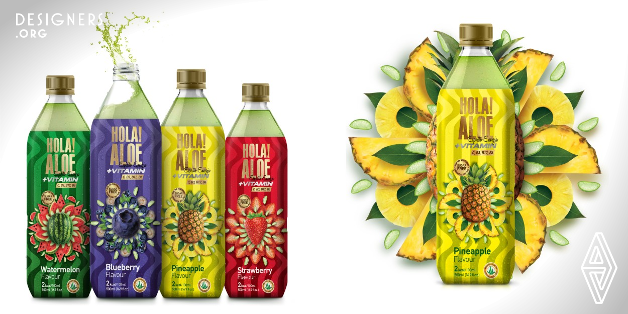 Images through a kaleidoscope that excite the mind and creates and invitation to a dance. With a maximalist mood, every point of the design is captured with flow. Lines that break their absoluteness, to entice the consumer in the movement and energy of Hola Aloe Vitamin. Fruits awaken every organ of the body and leads to a celebration that awakens the spirit and nourishes body and mind. Energy, colored vibrations and the mystery of seeing the world through a kaleidoscope. The main idea of the concept was to create an enjoyable approach to the healthy functional vitamin drinks.