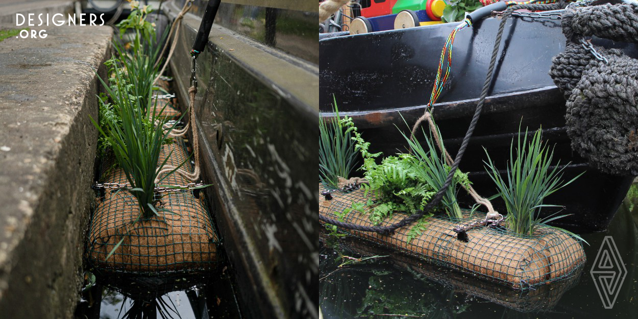 Collaborating with the London boat community, these bioremediating floating gardens were designed to be built and installed by boat residents using accessible and locally sourced materials to fight canal water pollution. By incentivizing boaters with the promise of a private floating garden, this community-based call to action automatically strategizes and targets the source of water pollution and converts it into the solution. This collectively improves the quality of this shared water ecosystem whilst promoting the growth of native plants, insects and birds.
