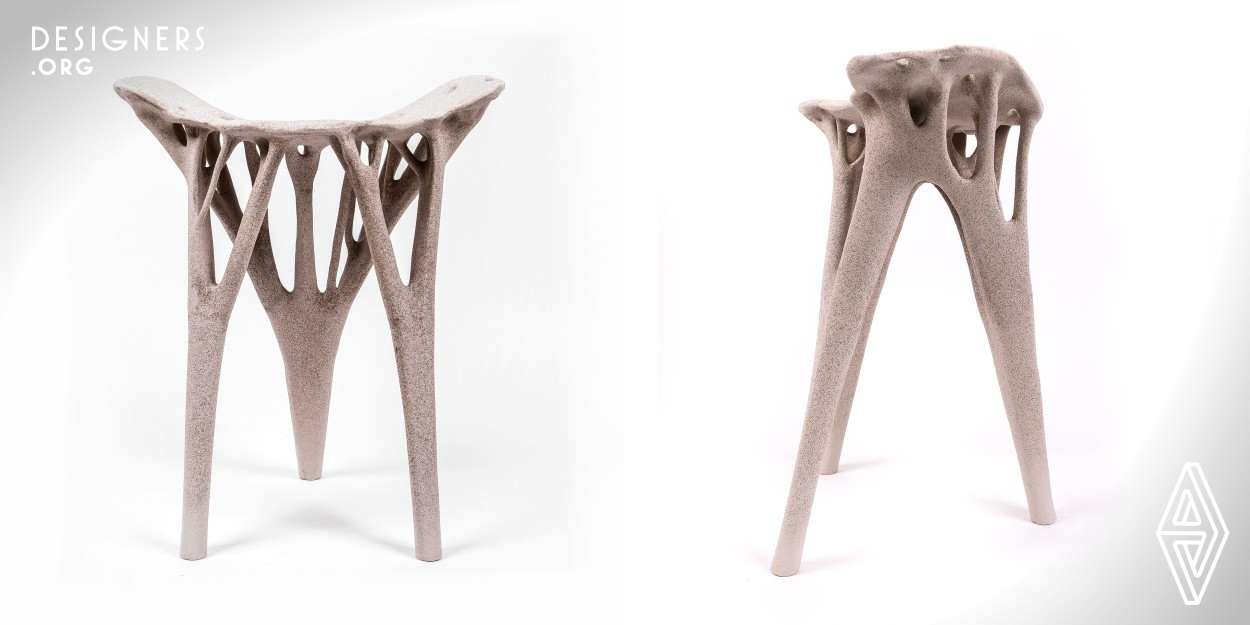 Inspired by the human female pelvis, the taboo chair is made of a special organic degradable no-fire clay, which is based on the traditional Chinese rammed earth construction concept, using topology optimization algorithms to improve the overall structure to ensure that it can withstand 1000 Nm of downforce while maintaining the bionic structure.The material used in the chair was invented to respond to the current call for energy saving and emission reduction, and can be degraded to organic fertilizer in landfills under suitable conditions. 