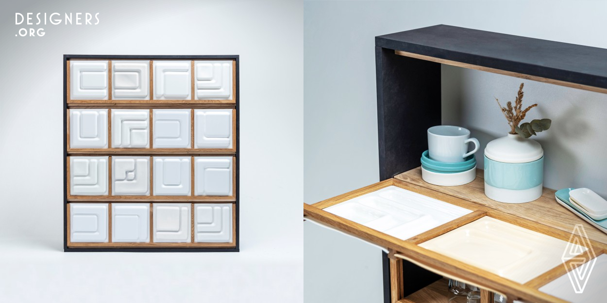 In other shelves, dishes are hidden in the closet. In this concept, a hybrid of shelf and crockery is created. This is possible because the specially designed crockery forms the relief-like front wall of the shelf. In addition to the storage space in the front, there is the option of storing more crockery, cups, glasses, etc. on the shelves inside. The crockery set is modularly expandable. Depending on the occasion or personal preferences, it is possible to expand or exchange the plates.