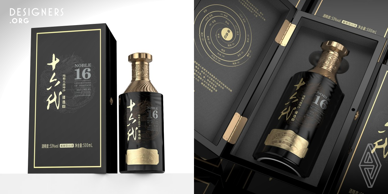 This packaging for Premium Liquor of Noble 16 Generations of Heritage achieves blending of Chinese and western liquor cultures via rigorous technologies and element selection so as to convey the blended methods of the product. The introduction of the flavor wheel, together with the classy materials, provides multisensory interaction for users, which enables the product to boast a texture of light luxury and helps to form a special premium liquor symbol with the collection value elevated.