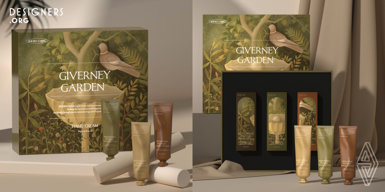 This work was created in 2021. The product is mainly composed of three hand creams with different effects and tastes. The target group of users is women with certain purchasing power. In the illustration design, the work integrates a large number of plant elements, giving people the impression of natural and pure products; And choose an elegant serif font. The dark color of the text and the whole picture set off the mysterious atmosphere of France, mobilized the sense of smell, and deepened the visual tone of aromatherapy products.