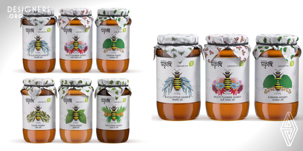 A product extension for the mother brand Prakrushi (which has several other segments under it) this range of 6 distinct flavored honey faced a challenge to maintain the fine balance. on one hand, it should have a distinguished identity as product segment but without being too away from the flagship brand's visual grammar.  Hence, the transliteration of bee wings into an aesthetic manner as a visual device that not just creates an eye-catching graphic but also delivers sufficient visual information to the consumer to make an informed decision at the shelf.  