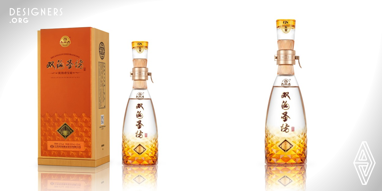 Shuanggou Shengfang is a product of Shuanggou Zhenbaofang series, which pioneered "free blending" in the baijiu industry. The highlight is that the product is divided into two bottles, one large and one small, which can be consumed by consumers either on their own or by blending the small bottle of 68% ABV Virgin liquor into the large bottle of average ABV liquor, resulting in a more flavourful drink. The packaging is decorated with a diamond-shaped gems to symbolize the arranged densely and neatly distilleries, while the feathered fan used by the sages to highlight sages style of the product.