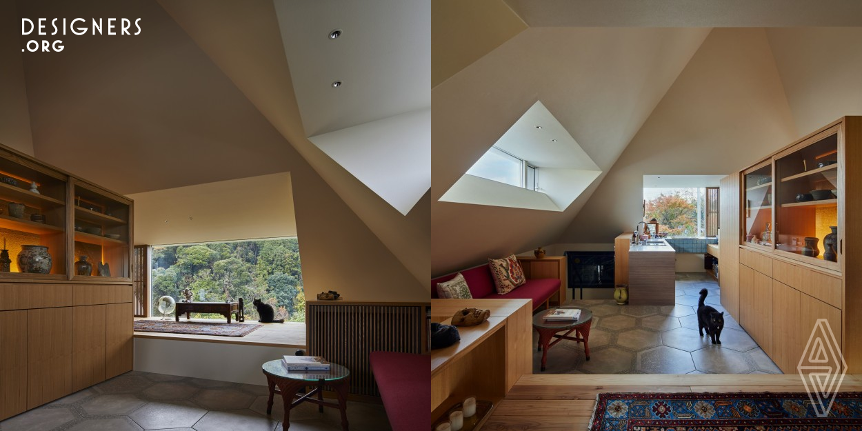 Earthen floor connects with the bedrock, and square roof opens to the landscape - The space was vertically diversified by adding the floor on the ground and levitating the roof over the earth. The roof lowers down towards the roof edge and heightens up in the center. Each of the four edges of the roof opens to a different view: the mountain, the valley, the village, and the sky. Responding to these rich surroundings, each edge is flipped up to make four different spaces with different views. In the corners, the upper level floor is cut through to the ground to connect the two levels.