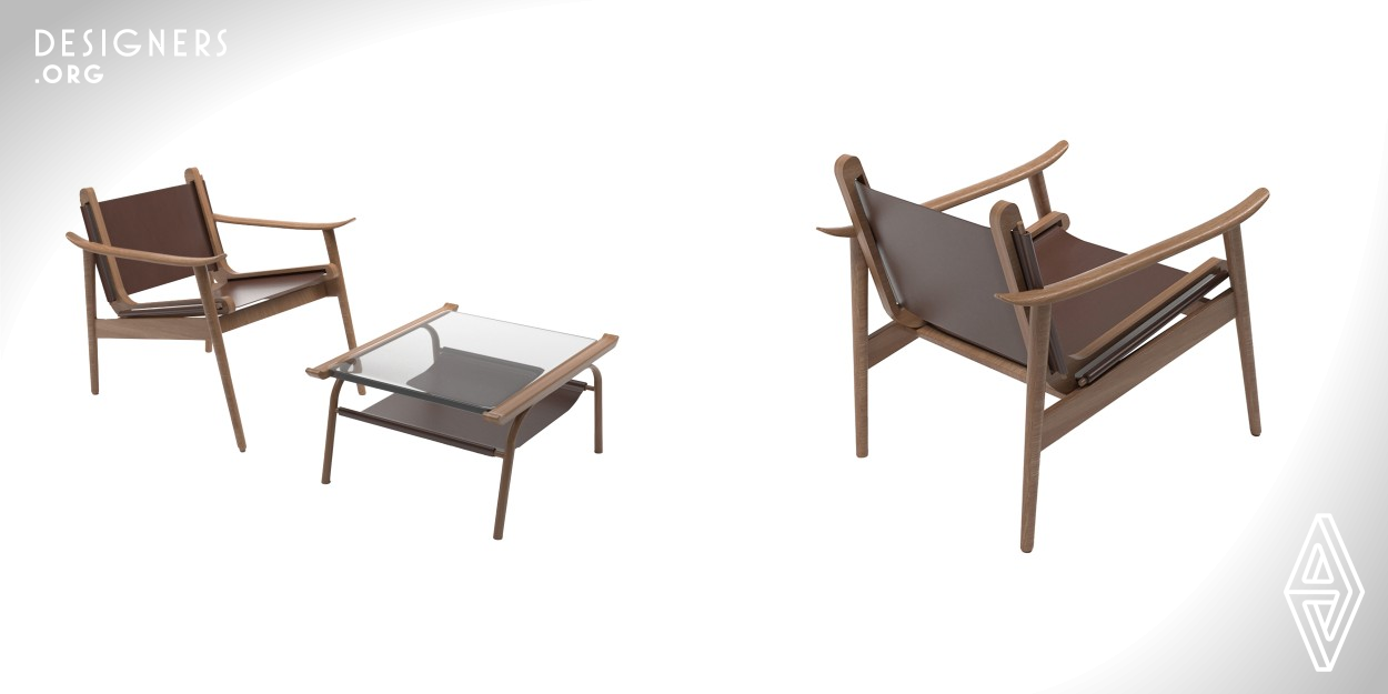 The design of this furniture, especially in the armrest of the lounge chair and the framework of desktop, draws on the modeling elements of "Ma Tau Wall" of Huizhou architecture in China. with tilted upward ends and smooth and natural lines. It has become an important functional and decorative part of furniture. This furniture is made of beech, leather and glass materials, using Chinese traditional architectural mortise and tenon joint craftsmanship. The overall size is ergonomically designed, and the leather cushion and backrest are soft and comfortable with sufficient support.