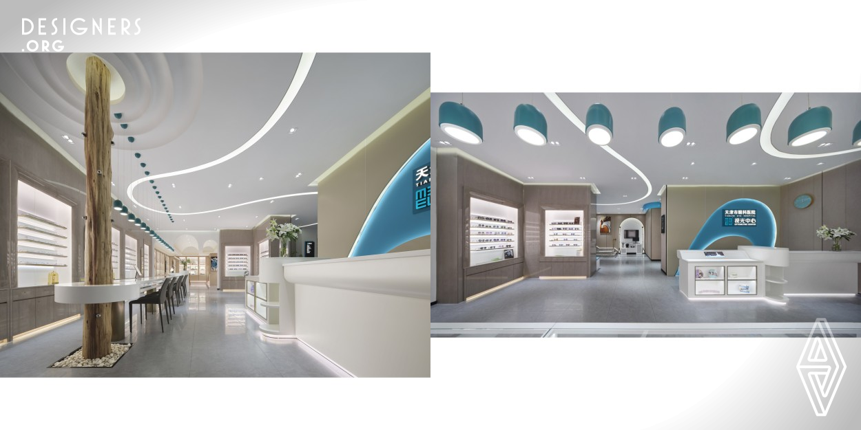 The fashionable style shows the cultural essence of Tianjin Ophthalmic interior decoration in the Hebei store. The shapes of a number of circular arcs, rings, cylinders and circular corners have a panoramic view. The style of Confucianism and Taoism, which represent circle and square respectively is perfectly displayed. The overall atmosphere on the second floor is full of warmth. The open reception hall and semi-transparent partition glass create clear division of functional areas, smooth moving lines and more visual atmosphere. 