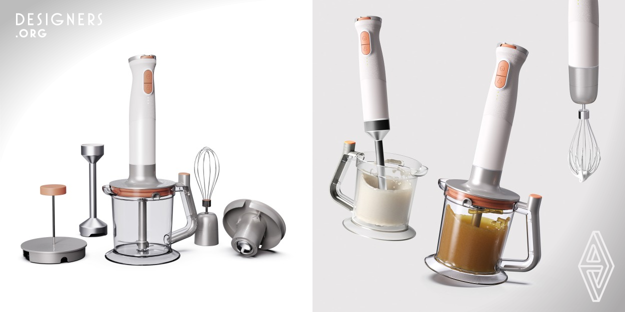 BrewBlender is a versatile and unique hand blender designed for a healthy lifestyle. It allows users to create their favorite trendy healthy drinks such as almond milk and pre-workout coffee with just one product. The BrewBlender set comes with extra lids and heads to transform it into a chopper, immersion blender, or whisk. The product is made of high-quality materials and has a clean and natural design style. The BrewBlender aims to promote healthy and environmentally friendly plant-based drinks without food additives or chemicals, a single device that meets the needs of users.