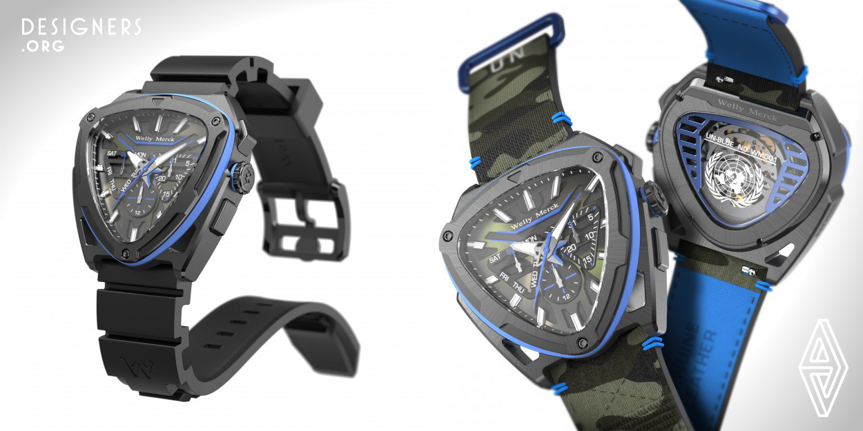 The Un Blue breaks the tradition, expresses the theme of peace with the stability of the triangle, and creates a triangular case. Environment friendly material selection. The design recycles the high-quality plastic composite waste in the transformation of military equipment and uses it in the production of shockproof bezels, tapes, or other parts of Un Blue. The designer boldly collides camouflage with the bright blues, catering to the current trend of gorp core and city boy.