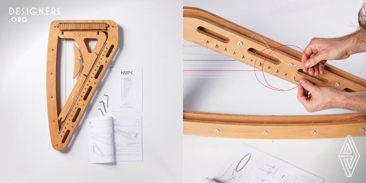 Harp-E is the world’s most accessible professional grade electro-acoustic harp. With a complete structural rethink and redesign, the ancient, complicated and elitist harp has become a simple, elegant, flat-pack, self-assembly instrument. All you need for assembly is a hex key. It's a paradigm shift, made for all people and settings, from classrooms to festivals. All fragile parts are sandwiched inside the sturdy frame; Harp-E is portable, stackable, customizable, wearable, adjustable, while boasting superior sound, strings and electronics, all at a fraction of the price and weight.