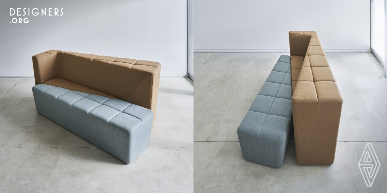 Introducing a sofa created by overlapping two components. While fulfilling its functionality, this sofa presents an object-like look that transforms its impression with every angle of view. The backrest and seat are off-axis and laid out to form a flat surface, thereby creating a variety of usages and arrangements. When several units are placed side by side, the backrest and the seating surface merge into a single element, blending into one.