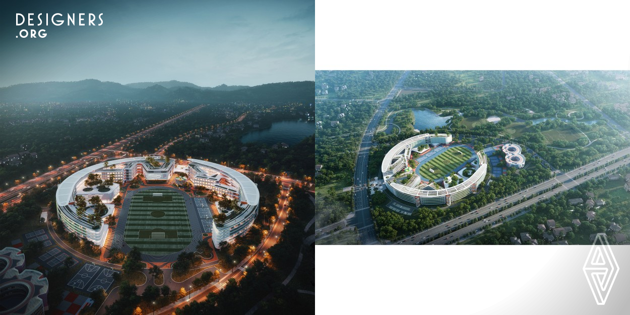 As the first international school in Hefei Airport New Area, it integrates the eastern philosophy of equality into architectural form and living conditions. In response to the large park and lake view on the west side, as well as the oval shape of the site, the building opens to the park in an embracing gesture. It innovatively makes all kinds of school life revolve around the central dynamic space. The school consists of two parts: the kindergarten is a separate building because it was built last; the middle school and primary school are in one building, surrounding the playground.