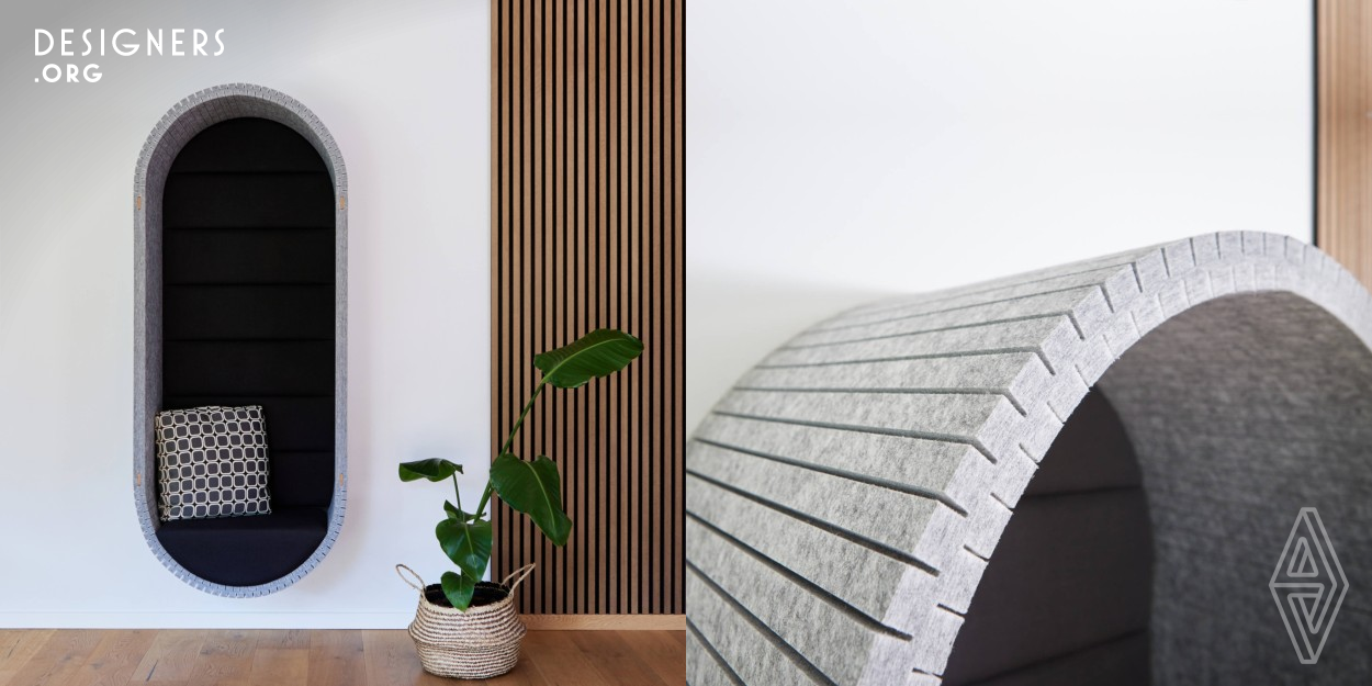 Wall-O is a smart and elegant wall capsule. At home, in the office or in a waiting room, it serves as a kind cocoon which protects you from noise and prying eyes. Thanks to its recycled PET envelope and its eco-friendly textile interior of the highest quality, Wall-O is environmentally friendly. Its radical and minimalist lines are studied with the aim to offer the ideal space to feel comfortably settled and to be able to free one's mind and feel safe.