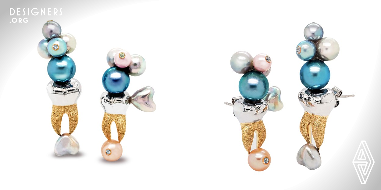 18K Gold Pearl and Diamond Stud Earrings. Inspired by the Tooth Fairy tale. They show a child’s tooth exchange as seen by X ray. On the left, a boy figure is comprised of a primary tooth made of 18K gold with Florentine Finish. A heart shaped pearl beneath represents the incoming adult tooth. On the right, a female figure portrays the Tooth Fairy with heart shaped pearl as wings and an orange Freshwater pearl with a Bezel set RBC diamond depicting the coin she brings in exchange for the tooth. 