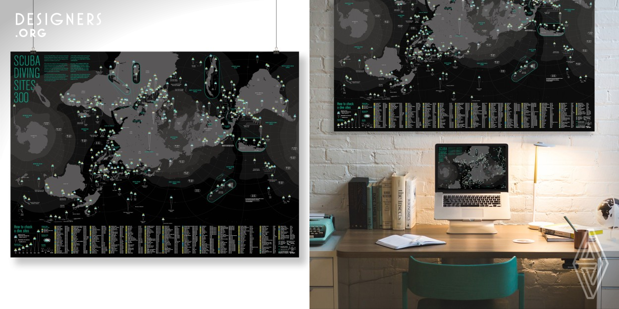 Scuba Diving Sites 300 is designed to provide scuba divers and free divers with information about various dive sites. This poster provides information on 300 dive sites around the world and is designed in the form of a chart to help divers choose a safe dive site. This poster provides information such as the skill level required of divers, dive time, the field of view, and the depth of the dive site.