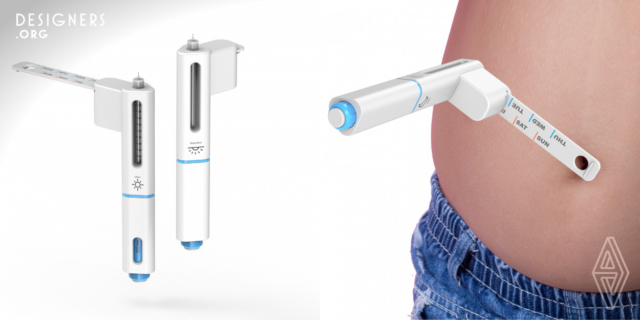 Easysulin is an insulin injection pen specifically designed for children, which can effectively solve the health problems caused by repetitive injection of insulin in the same site. By using a tape measure, is positioned on patient's umbilicus, effectively avoiding the area around the umbilicus that is not supposed to get injection. It can be pulled out for certain distances and angles based on how many days or time of injection, helps to remember whether to inject insulin on time.